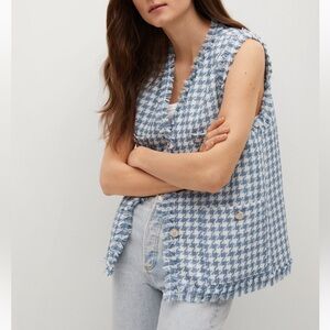 MANGO MNG Tweed Houndstooth Vest in Blue and White